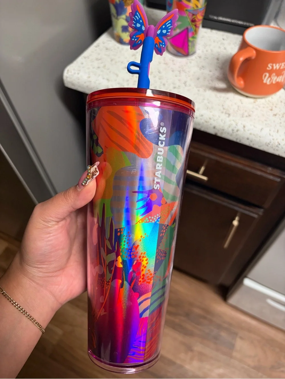 Starbucks Iridescent Pink Multi-Color Tumbler with Blue Straw